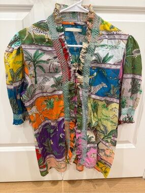 Lola Australia Multicolor Safari Print Blouse Button with Ruffle Trim Small